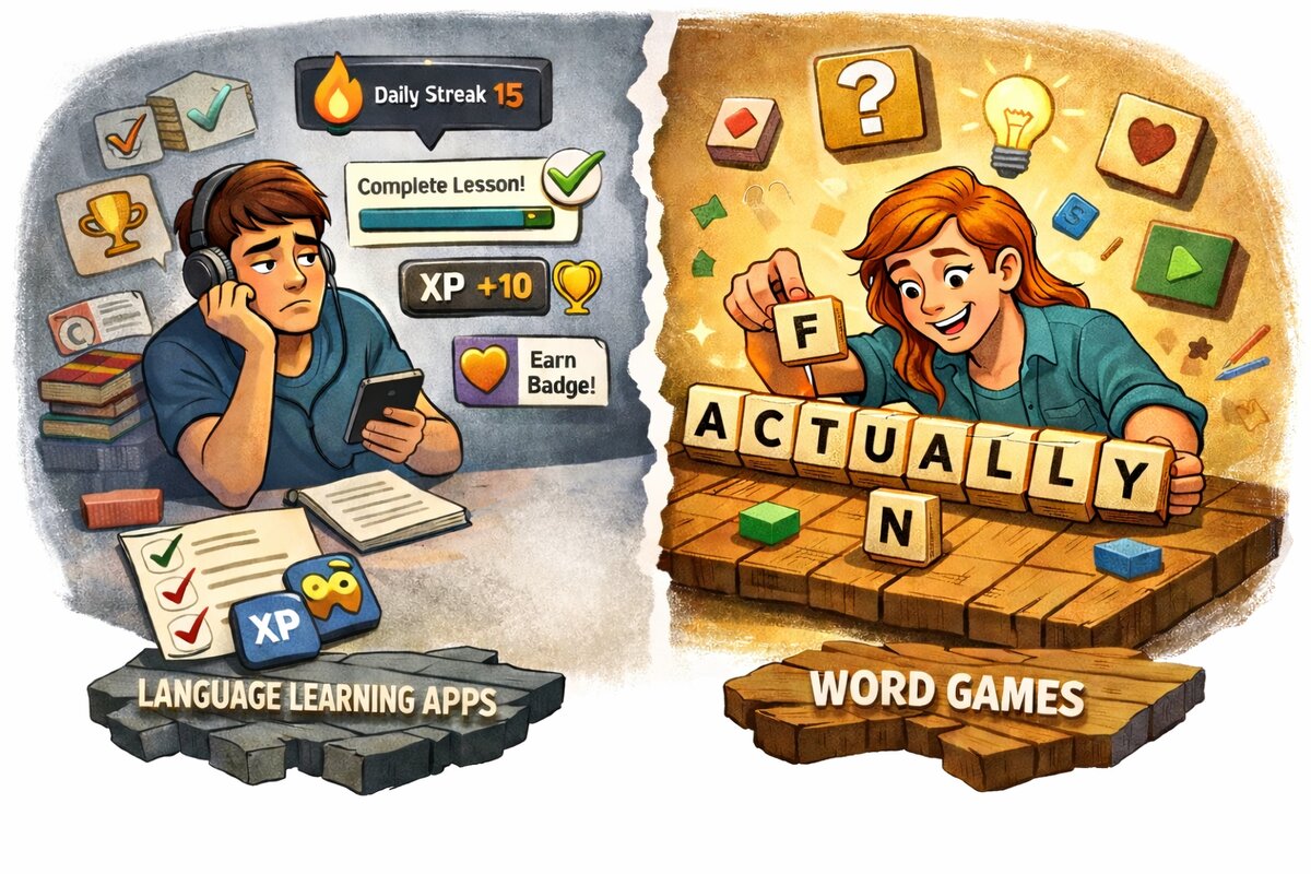 Comparison: bored language app user vs happy word game player