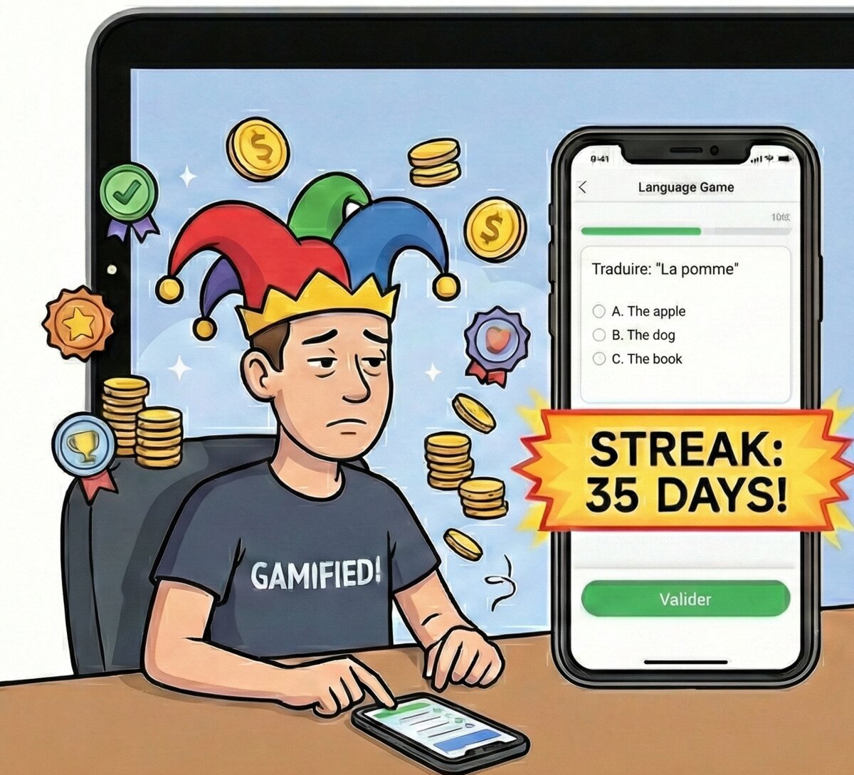Frustrated user surrounded by gamification elements: streaks, badges, XP points