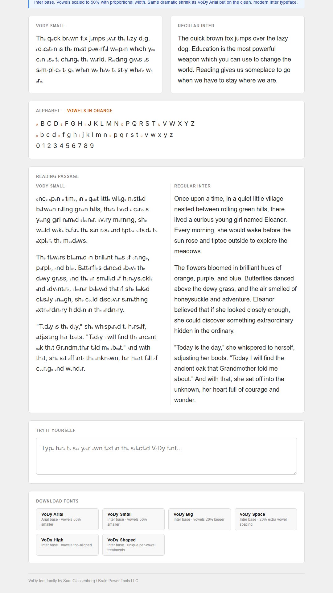 Side-by-side comparison of VoDy font variants showing different vowel treatments