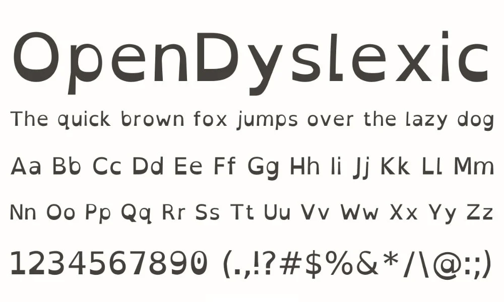 OpenDyslexic font sample showing weighted letter bottoms and extra spacing