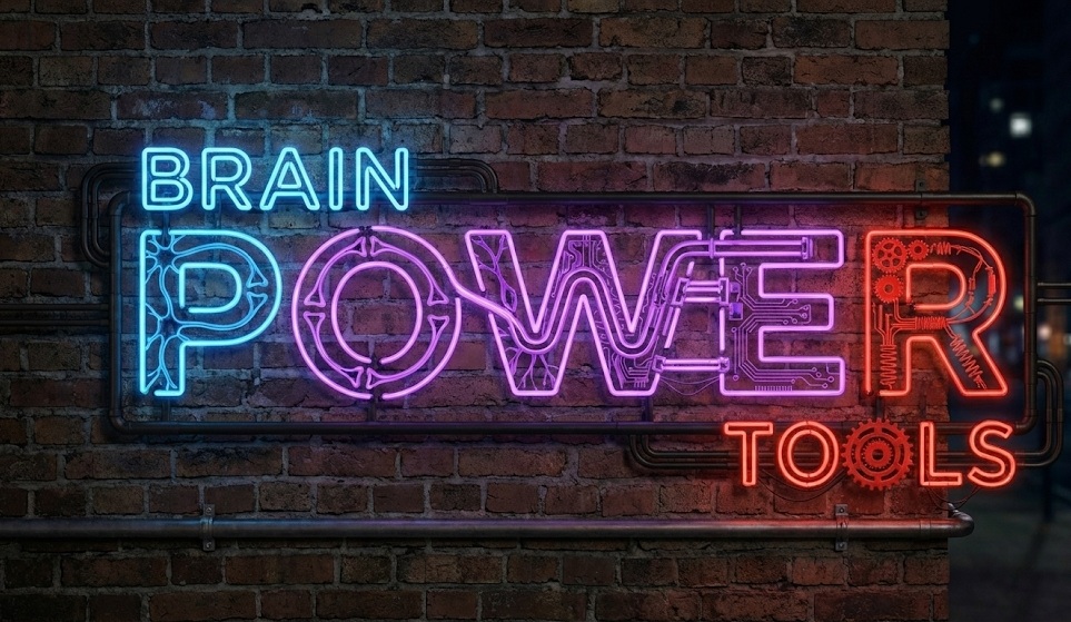 Brainpowertools neon sign glowing on a brick wall