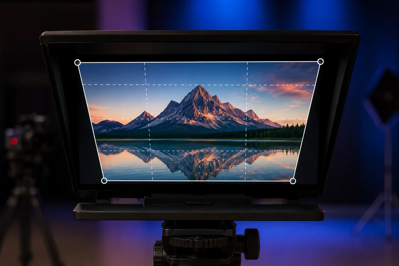 A teleprompter showing a mountain landscape with Teleprompter Screen Warp's keystone-correction handles overlaid on the image