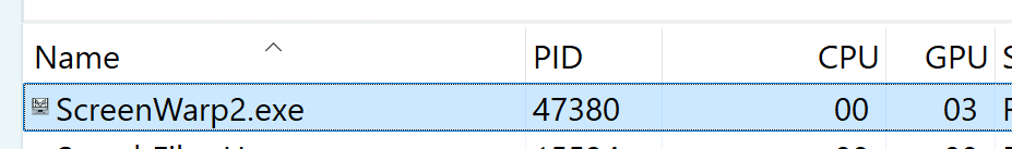 Windows Task Manager showing ScreenWarp2.exe at 0% CPU and 3% GPU while mirroring a monitor